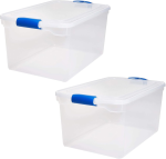 FDDAI 2-Pack Large 66-Quart Plastic Storage Bins - Clear Containers with Latching Lids (Blue Latch)