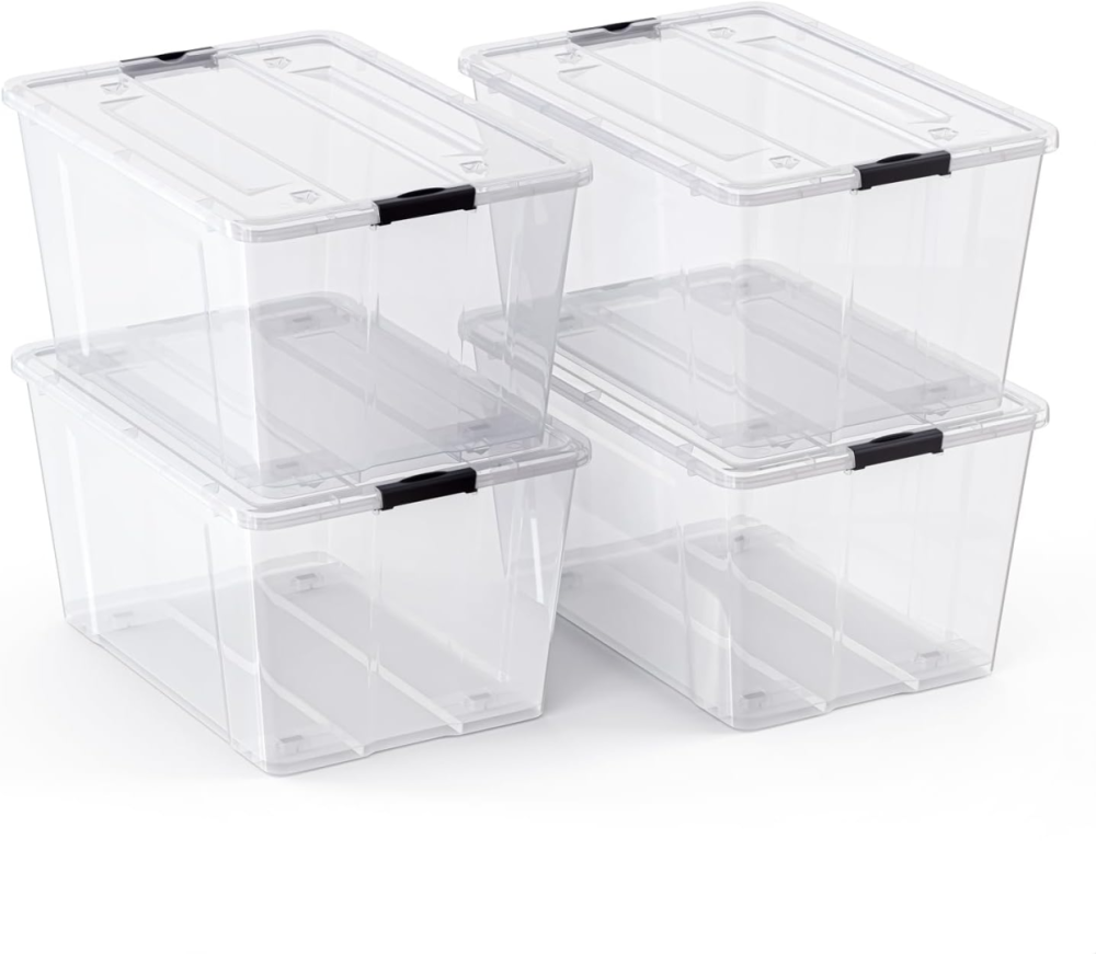 FDDAI 4-Pack 75-Quart Plastic Storage Bins - Stackable Totes with Ultra-Durable Lids and Secure Latching Buckles