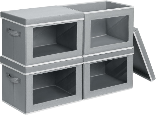 FDDAI Fabric Storage Bins with Lids & Handles - Foldable Closet Organizers with Window, Set of 4 (Grey)