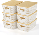 FDDAI Plastic Storage Baskets with Bamboo Lids - Stackable Organizing Containers for Shelves, Drawers, Closet, and Playroom (6-Pack)