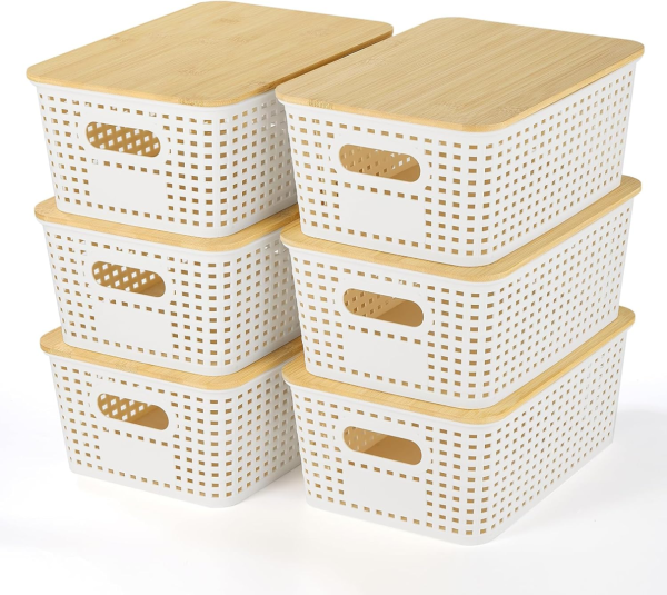 FDDAI Plastic Storage Baskets with Bamboo Lids - Stackable Organizing Containers for Shelves, Drawers, Closet, and Playroom (6-Pack)