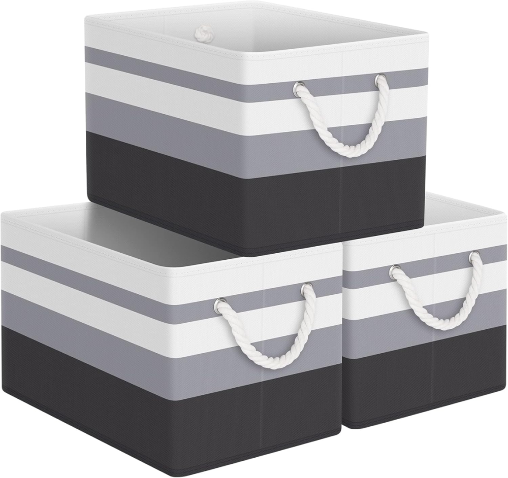 FDDAI Collapsible Storage Baskets - 3-Pack - Large Storage Boxes with Rope Handles for Clothes Organization, Gradient Grey