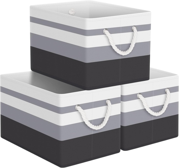 FDDAI Collapsible Storage Baskets - 3-Pack - Large Storage Boxes with Rope Handles for Clothes Organization, Gradient Grey