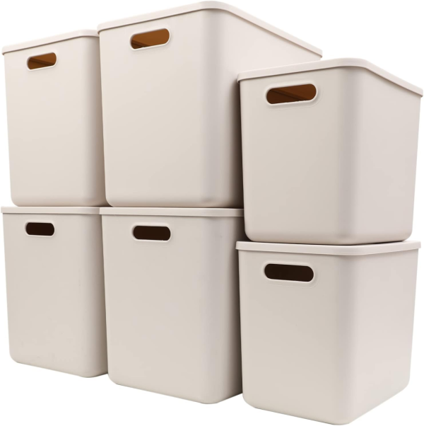 FDDAI Plastic Storage Baskets with Lids - Lidded Knit Organizer Bins for Shelves, Drawers, Closet, Office, and Playroom (4XL+2L, Light Grey)