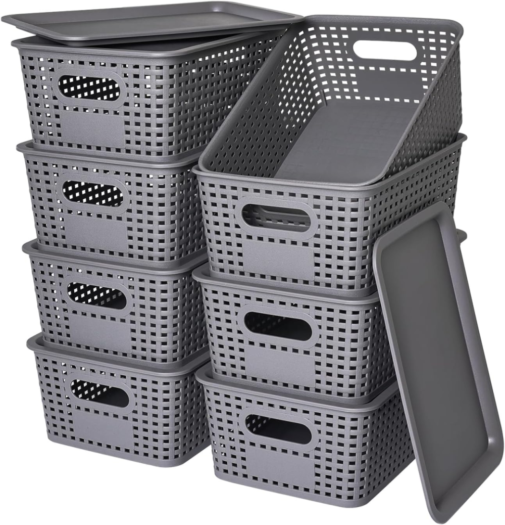 FDDAI Stackable Plastic Storage Baskets with Lids - Organizing Bins for Closet, Office, and Playroom (8-Pack, Gray, 10.2"x7.2"x4.1")