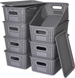 FDDAI Stackable Plastic Storage Baskets with Lids - Organizing Bins for Closet, Office, and Playroom (8-Pack, Gray, 10.2"x7.2"x4.1")