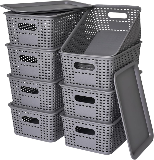 FDDAI Stackable Plastic Storage Baskets with Lids - Organizing Bins for Closet, Office, and Playroom (8-Pack, Gray, 10.2"x7.2"x4.1")