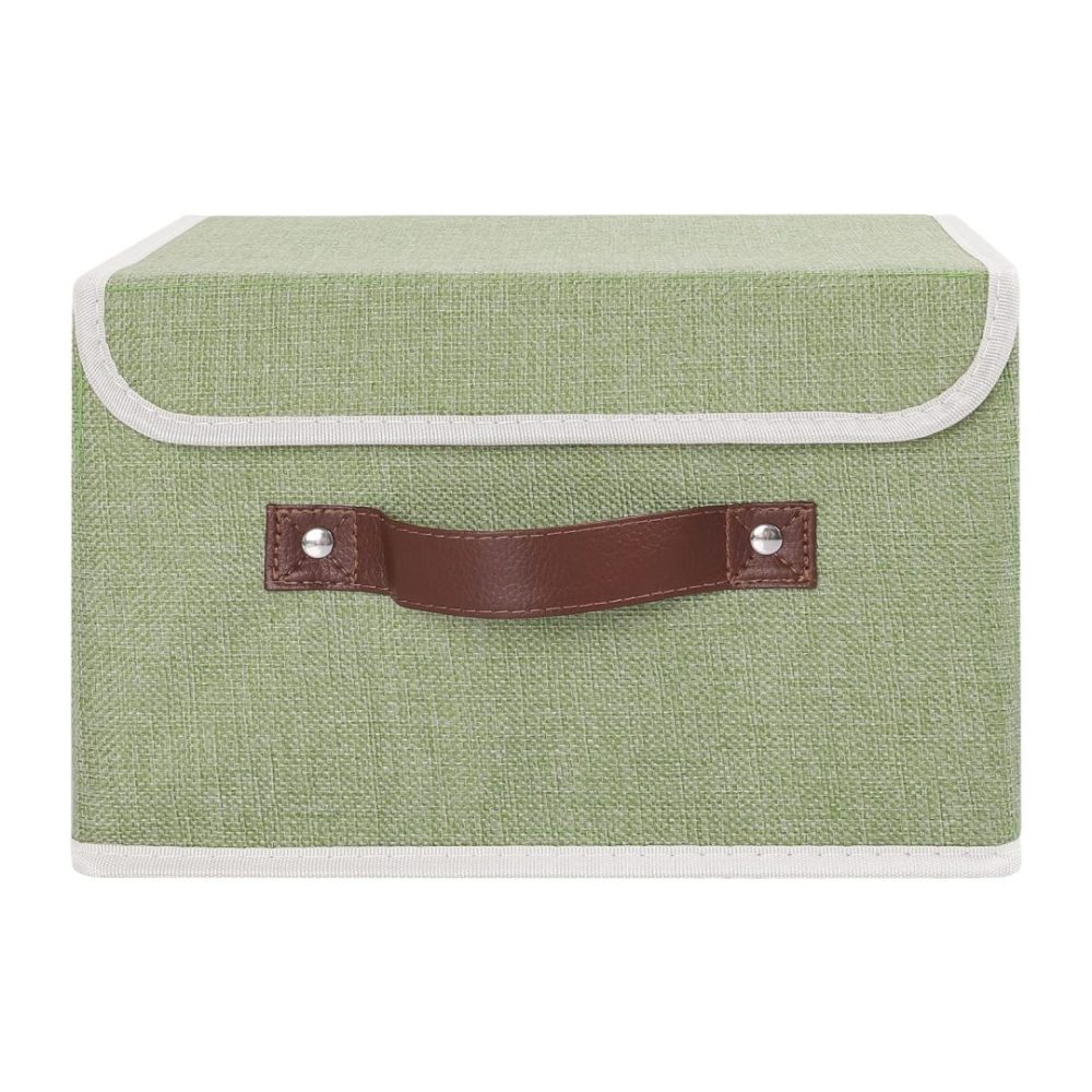 FDDAI Small Foldable Storage Bin with Lid - Decorative Cotton Linen Organizer with PU Leather Handles, Green