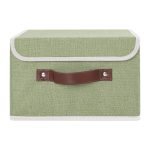 FDDAI Small Foldable Storage Bin with Lid - Decorative Cotton Linen Organizer with PU Leather Handles, Green