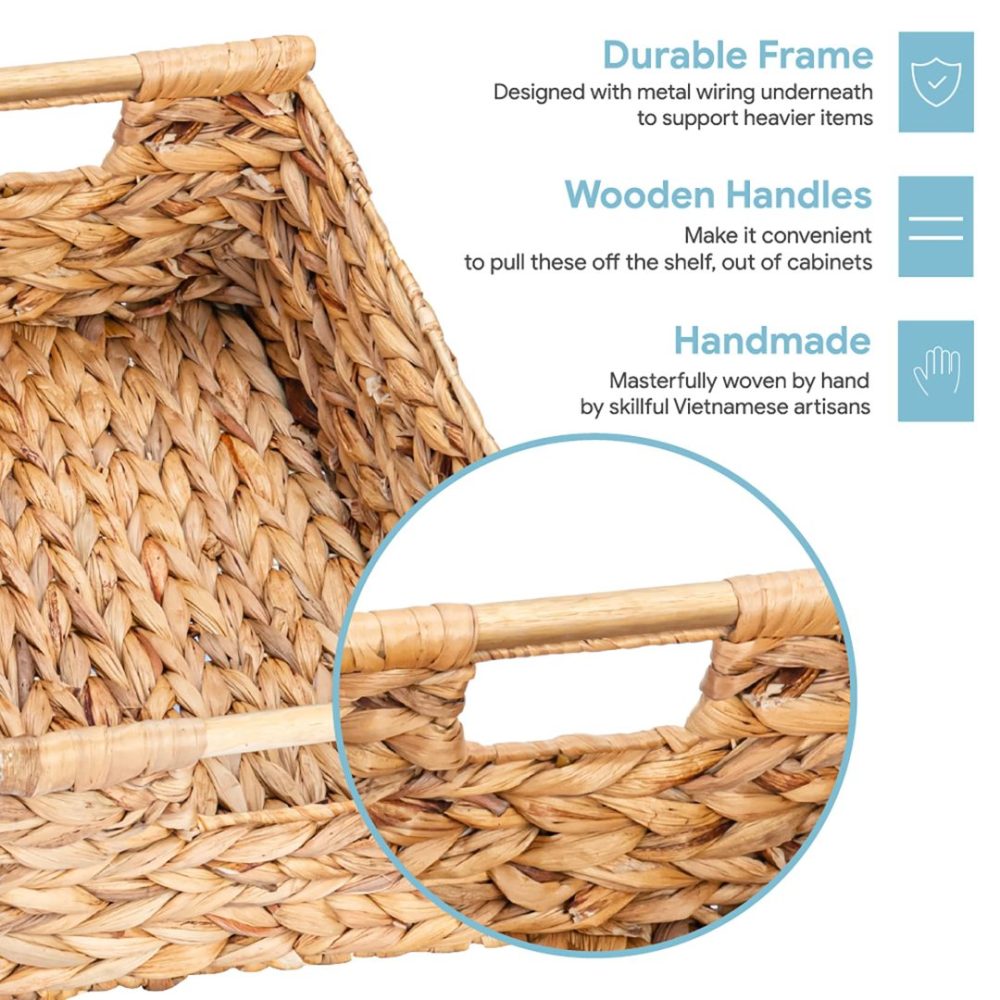 FDDAI Large Rectangular Wicker Basket - Shelf Organizer with Wooden Handles (15.5"x10.8"x6.2")
