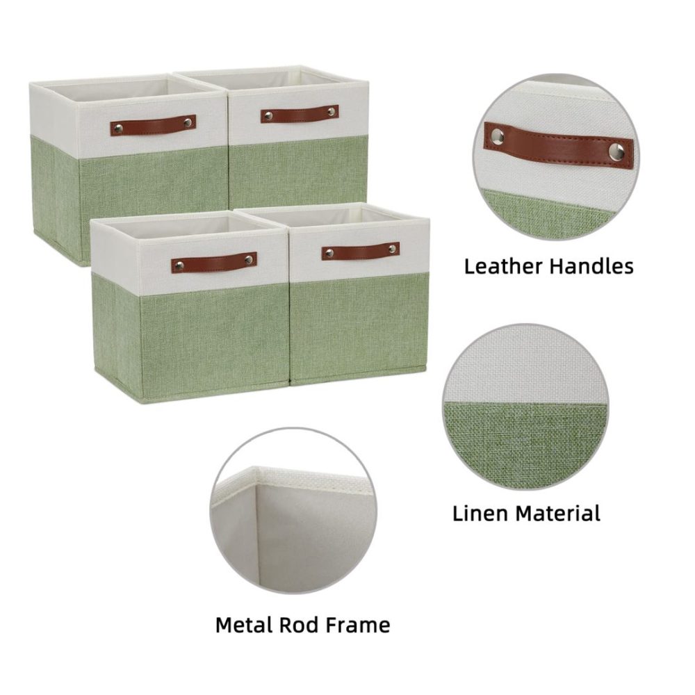 FDDAI 4-Pack 11"x11" Fabric Cube Storage Bins - Foldable Organizers for Shelves, Nursery, and Closet (Green & White)