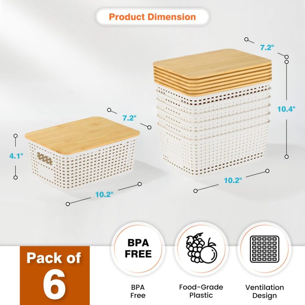 FDDAI Plastic Storage Baskets with Bamboo Lids - Stackable Organizing Containers for Shelves, Drawers, Closet, and Playroom (6-Pack)