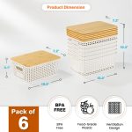 FDDAI Plastic Storage Baskets with Bamboo Lids - Stackable Organizing Containers for Shelves, Drawers, Closet, and Playroom (6-Pack)