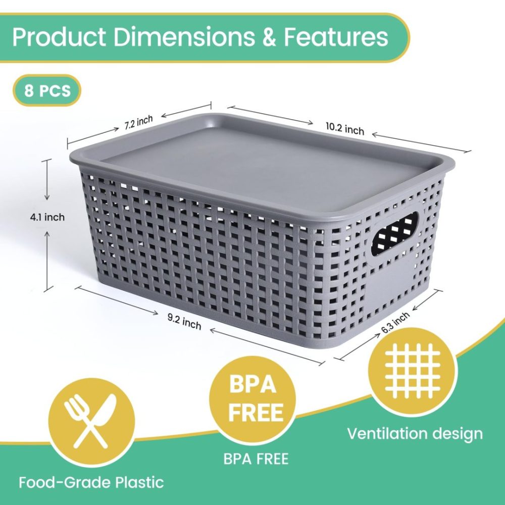 FDDAI Stackable Plastic Storage Baskets with Lids - Organizing Bins for Closet, Office, and Playroom (8-Pack, Gray, 10.2"x7.2"x4.1")