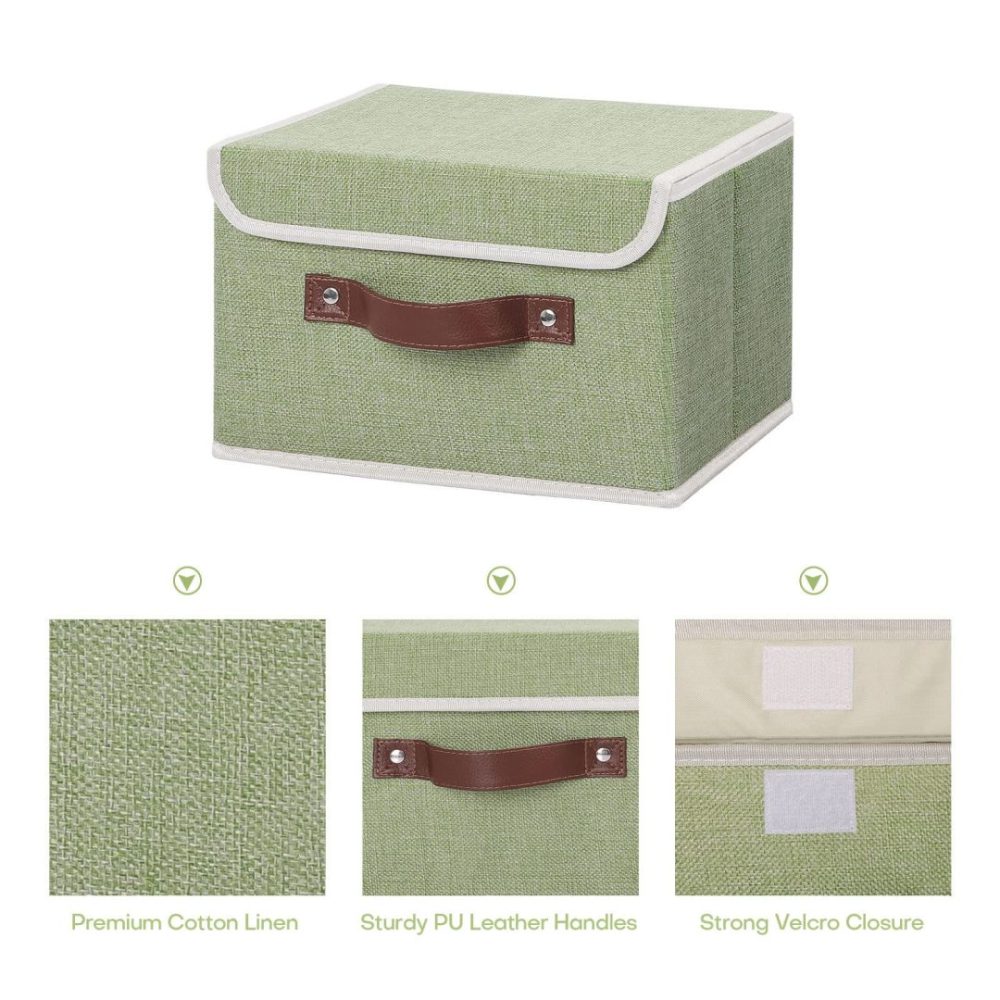 FDDAI Small Foldable Storage Bin with Lid - Decorative Cotton Linen Organizer with PU Leather Handles, Green