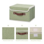 FDDAI Small Foldable Storage Bin with Lid - Decorative Cotton Linen Organizer with PU Leather Handles, Green