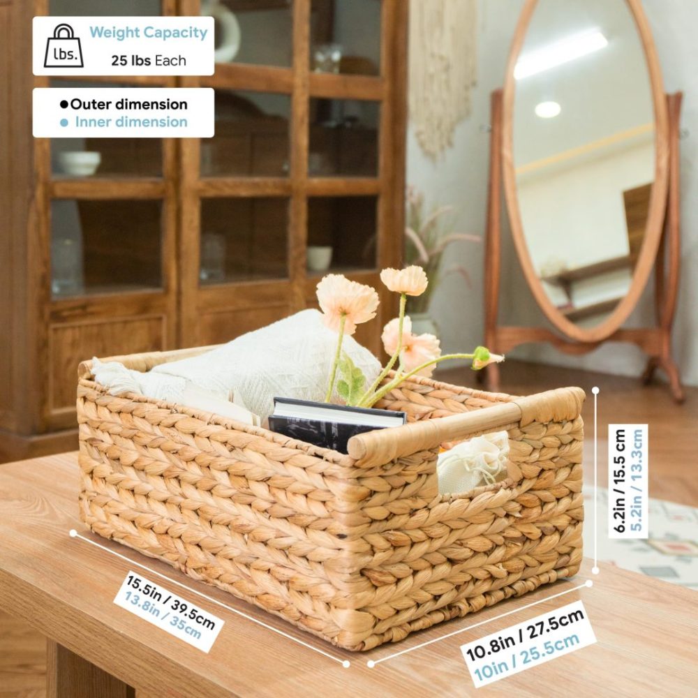 FDDAI Large Rectangular Wicker Basket - Shelf Organizer with Wooden Handles (15.5"x10.8"x6.2")