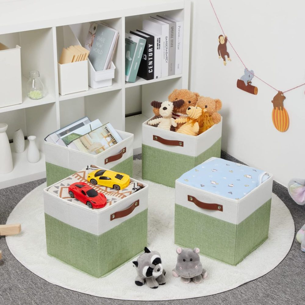 FDDAI 4-Pack 11"x11" Fabric Cube Storage Bins - Foldable Organizers for Shelves, Nursery, and Closet (Green & White)