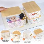 FDDAI Plastic Storage Baskets with Bamboo Lids - Stackable Organizing Containers for Shelves, Drawers, Closet, and Playroom (6-Pack)