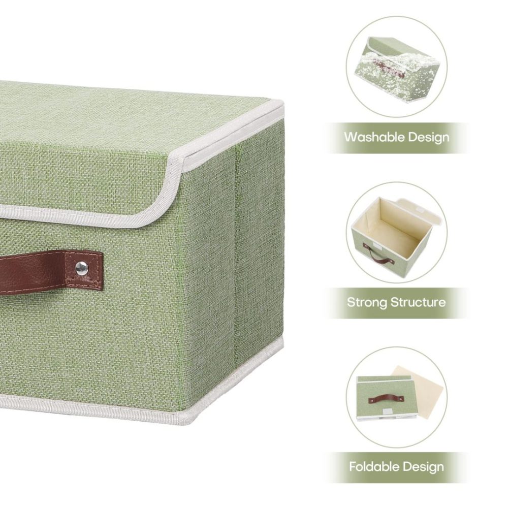FDDAI Small Foldable Storage Bin with Lid - Decorative Cotton Linen Organizer with PU Leather Handles, Green