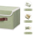 FDDAI Small Foldable Storage Bin with Lid - Decorative Cotton Linen Organizer with PU Leather Handles, Green