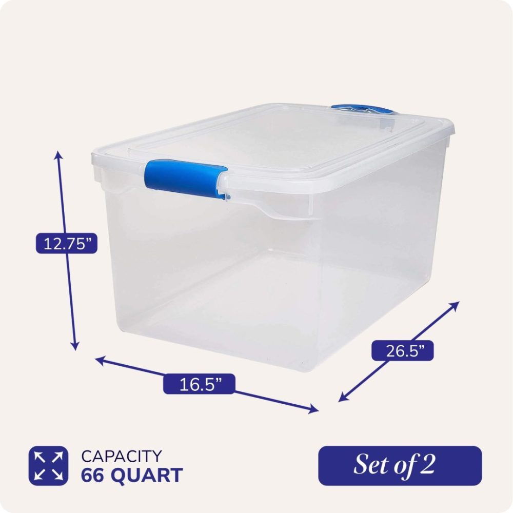 FDDAI 2-Pack Large 66-Quart Plastic Storage Bins - Clear Containers with Latching Lids (Blue Latch)