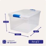 FDDAI 2-Pack Large 66-Quart Plastic Storage Bins - Clear Containers with Latching Lids (Blue Latch)