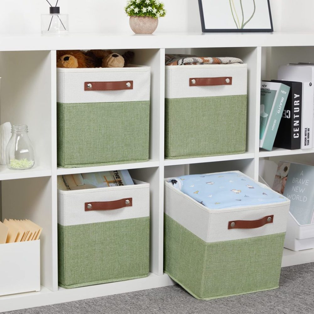 FDDAI 4-Pack 11"x11" Fabric Cube Storage Bins - Foldable Organizers for Shelves, Nursery, and Closet (Green & White)