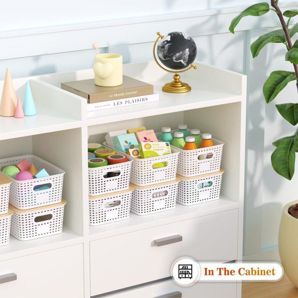 FDDAI Plastic Storage Baskets with Bamboo Lids - Stackable Organizing Containers for Shelves, Drawers, Closet, and Playroom (6-Pack)