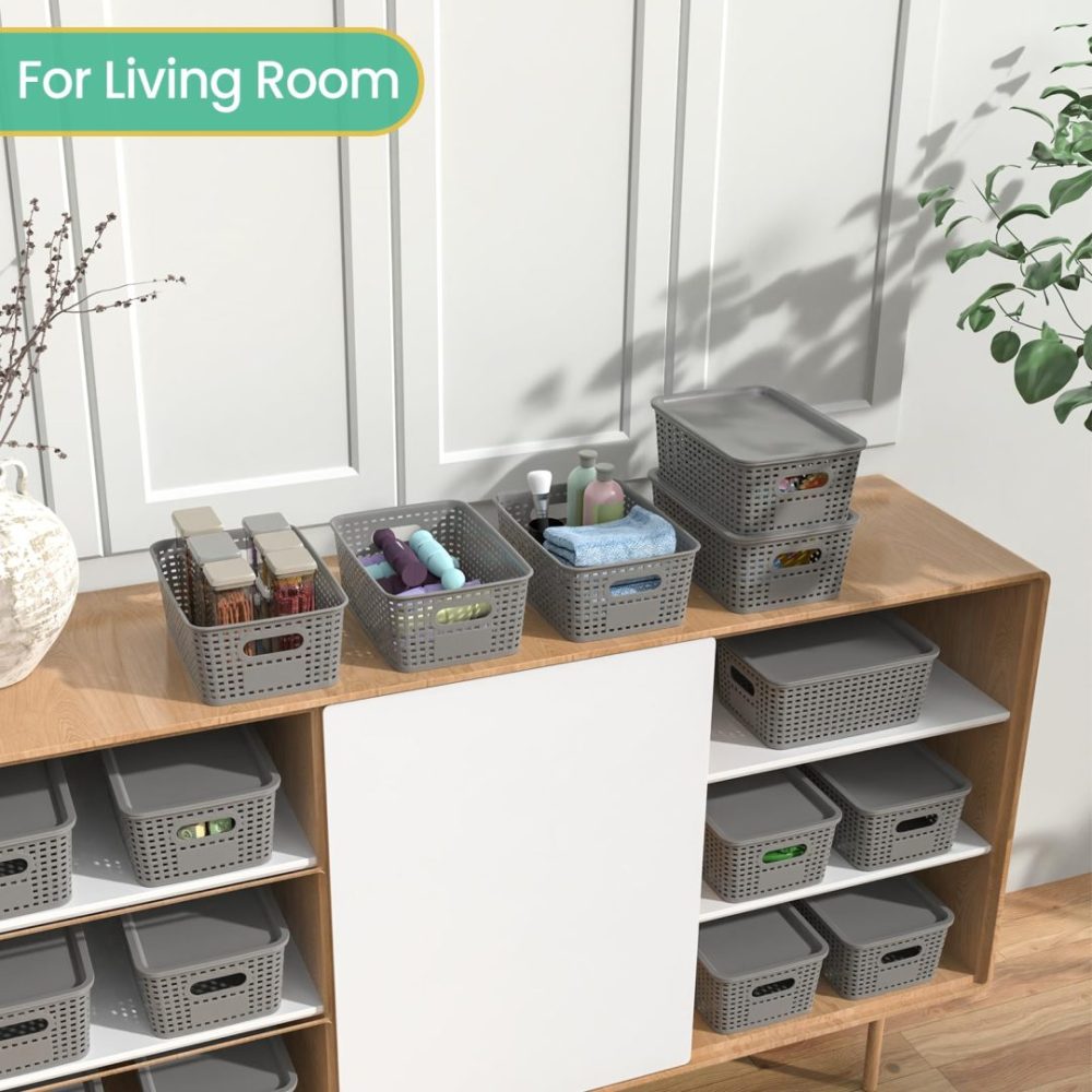 FDDAI Stackable Plastic Storage Baskets with Lids - Organizing Bins for Closet, Office, and Playroom (8-Pack, Gray, 10.2"x7.2"x4.1")