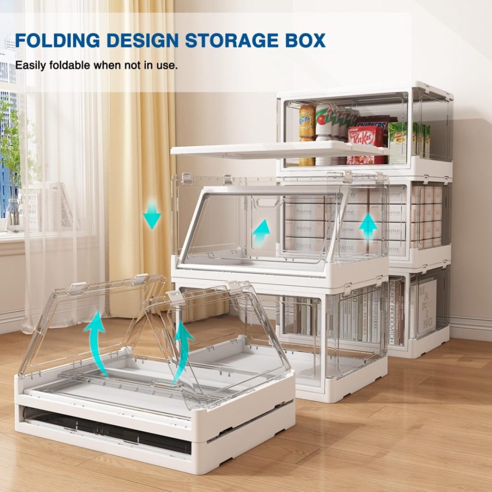 FDDAI 3-Pack Clear Stackable Storage Bins - Foldable Plastic Containers with Magnetic Doors for Bedroom, Living Room, and Kids' Toys (24 QT)