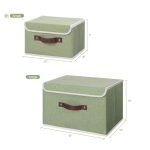 FDDAI Small Foldable Storage Bin with Lid - Decorative Cotton Linen Organizer with PU Leather Handles, Green
