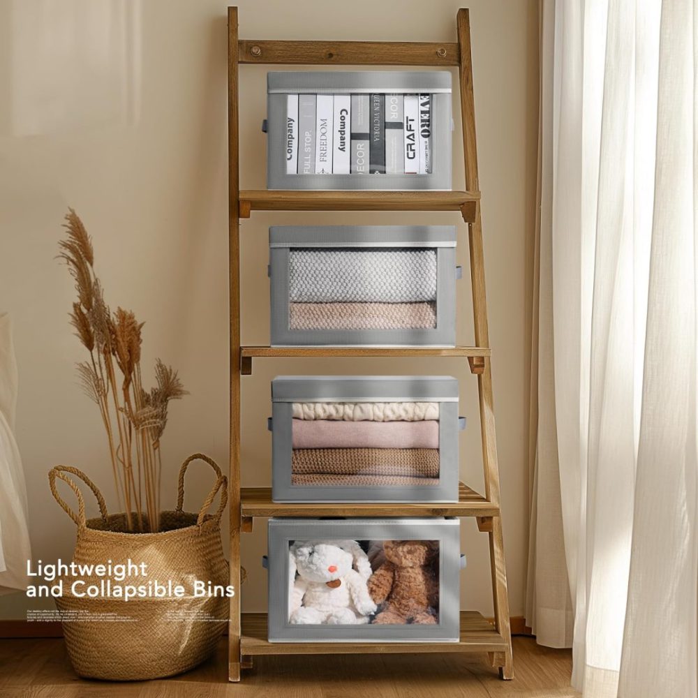FDDAI Fabric Storage Bins with Lids & Handles - Foldable Closet Organizers with Window, Set of 4 (Grey)