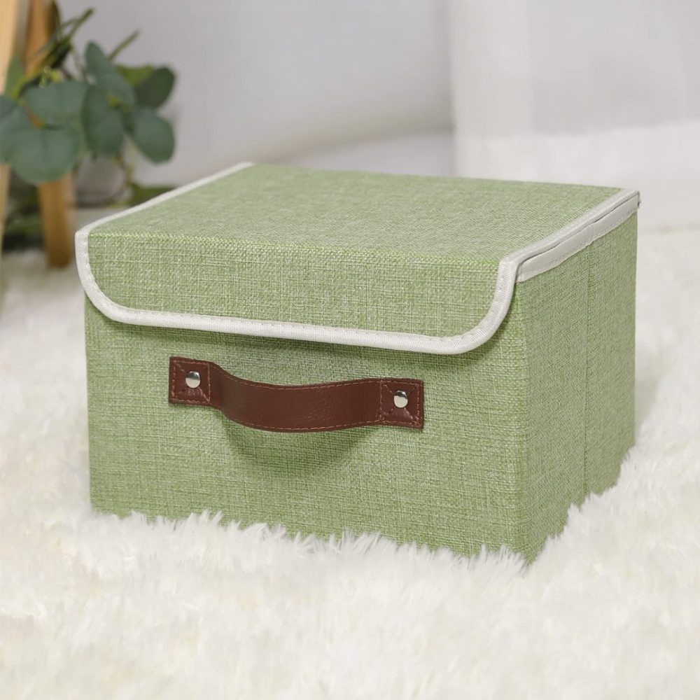 FDDAI Small Foldable Storage Bin with Lid - Decorative Cotton Linen Organizer with PU Leather Handles, Green