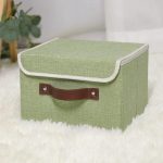 FDDAI Small Foldable Storage Bin with Lid - Decorative Cotton Linen Organizer with PU Leather Handles, Green