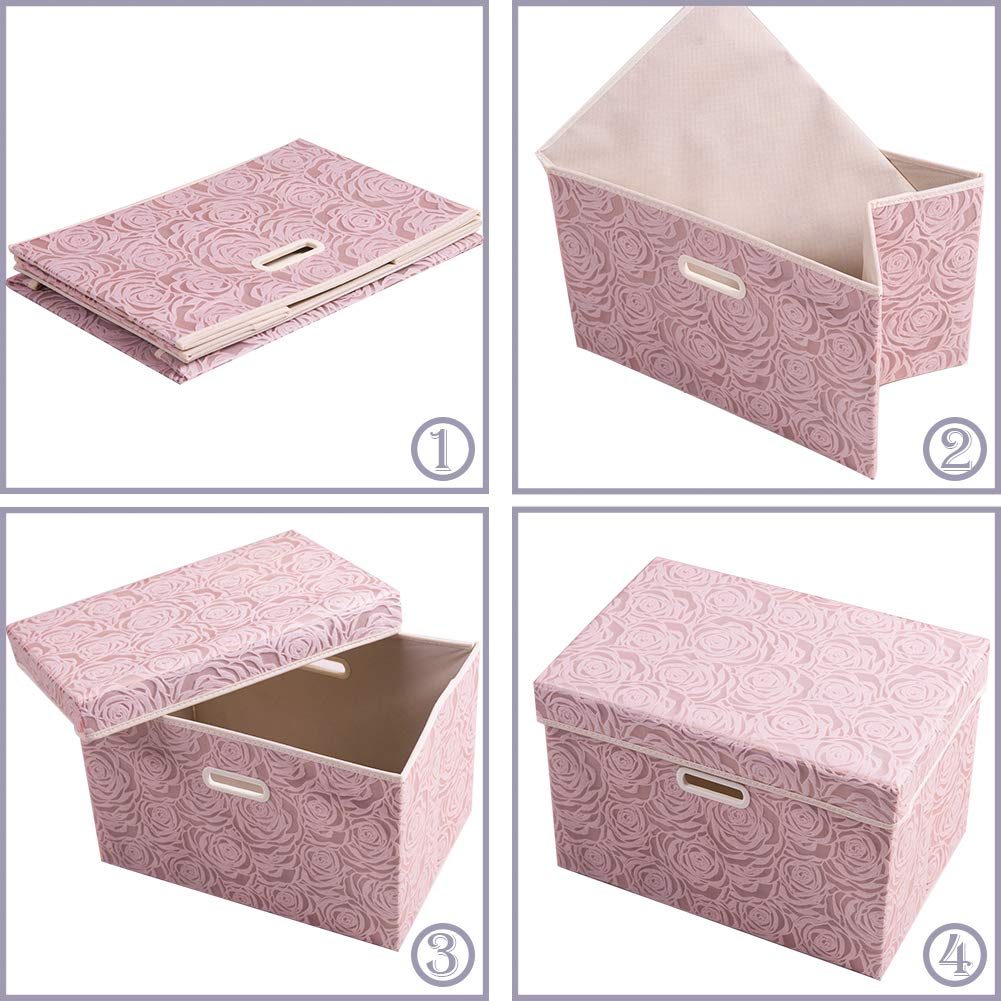 FDDAI Large Collapsible Fabric Storage Bin with Lid - 1-Pack Decorative Organizer with Handles & Divider (Pink, 17.7"x11.8"x11.8")