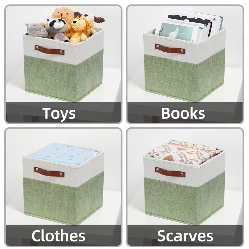 FDDAI 4-Pack 11"x11" Fabric Cube Storage Bins - Foldable Organizers for Shelves, Nursery, and Closet (Green & White)