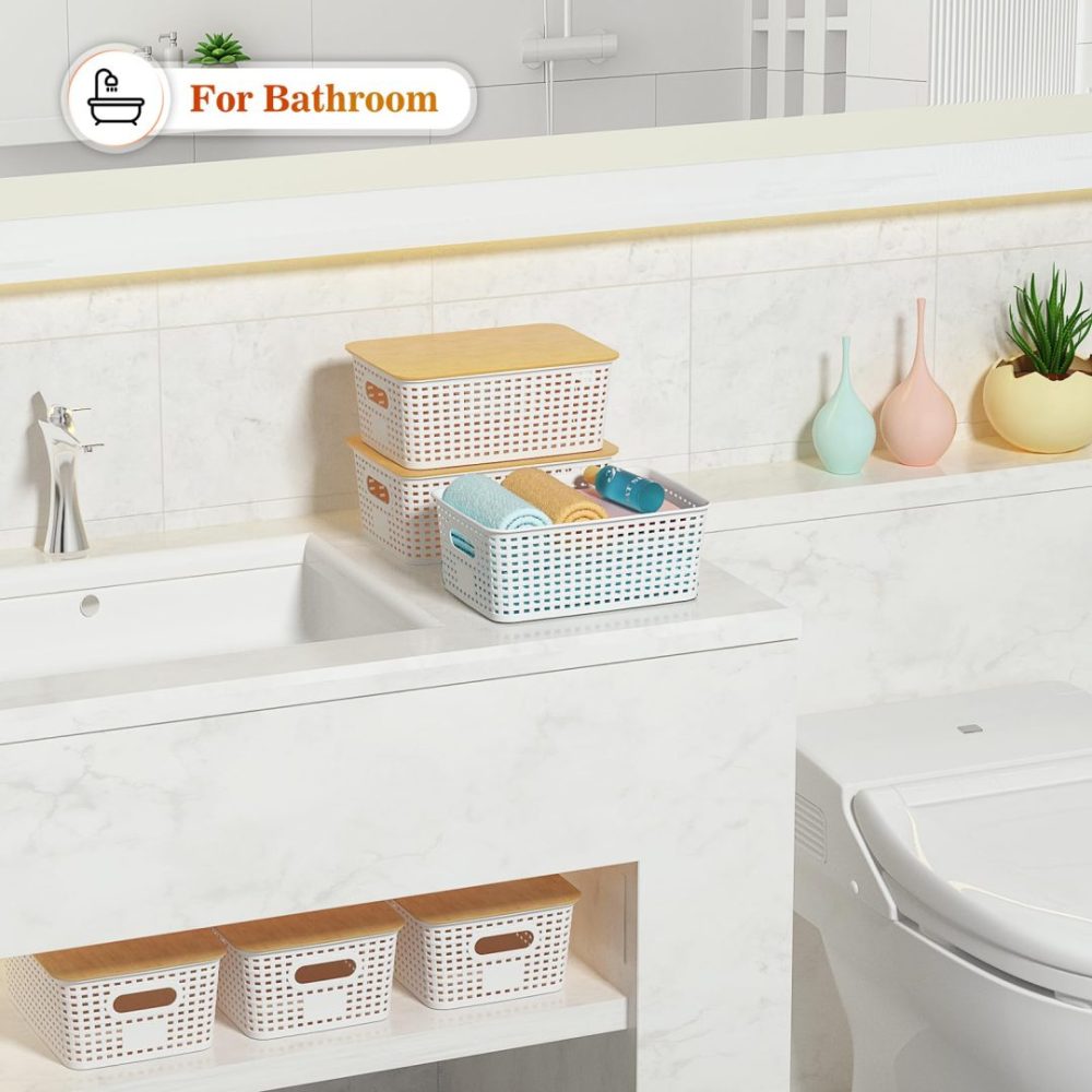 FDDAI Plastic Storage Baskets with Bamboo Lids - Stackable Organizing Containers for Shelves, Drawers, Closet, and Playroom (6-Pack)