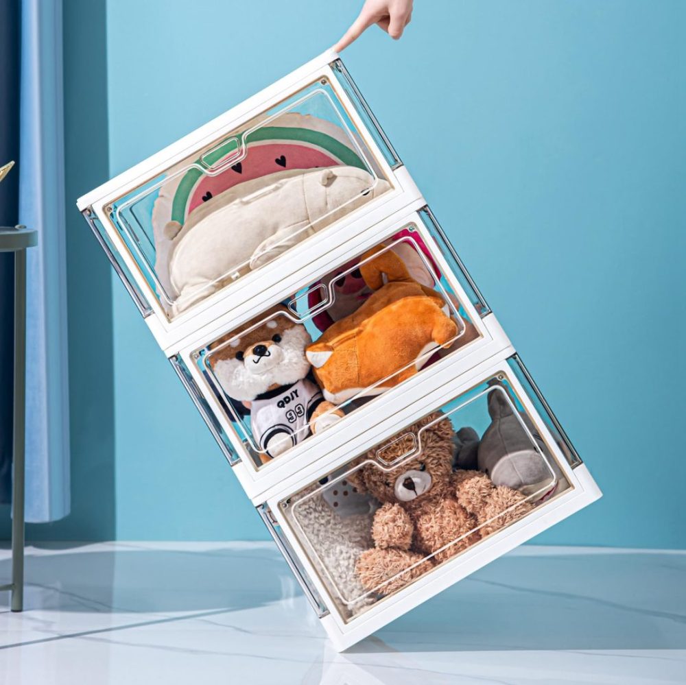 FDDAI 3-Pack Clear Stackable Storage Bins - Foldable Plastic Containers with Magnetic Doors for Bedroom, Living Room, and Kids' Toys (24 QT)