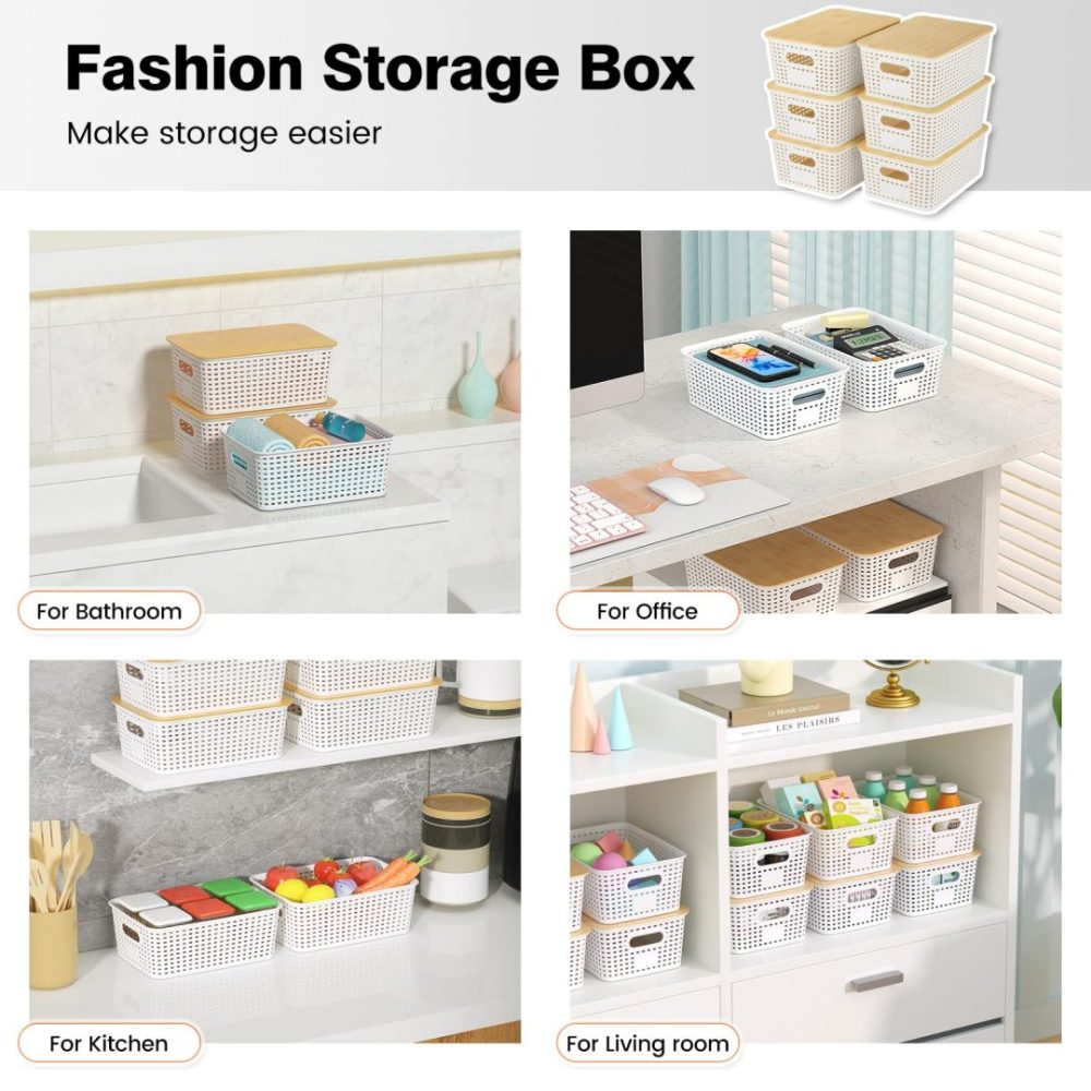 FDDAI Plastic Storage Baskets with Bamboo Lids - Stackable Organizing Containers for Shelves, Drawers, Closet, and Playroom (6-Pack)