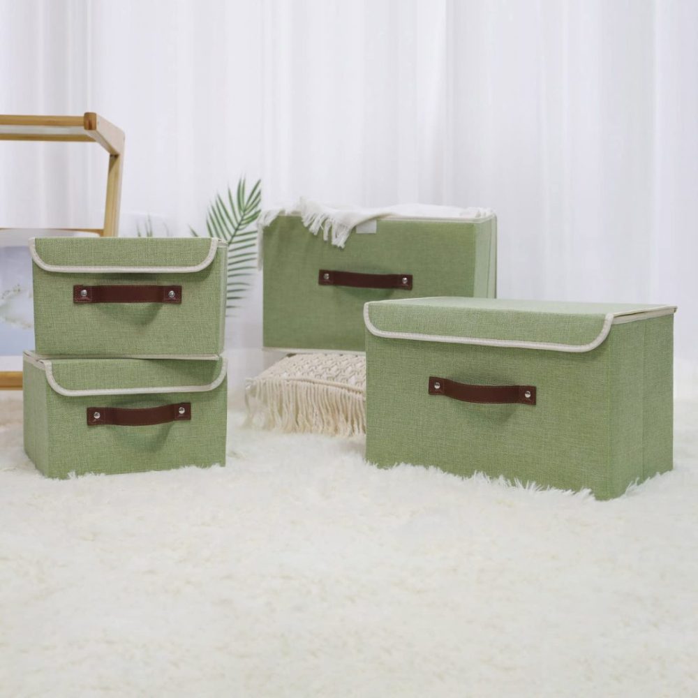 FDDAI Small Foldable Storage Bin with Lid - Decorative Cotton Linen Organizer with PU Leather Handles, Green