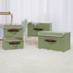FDDAI Small Foldable Storage Bin with Lid - Decorative Cotton Linen Organizer with PU Leather Handles, Green