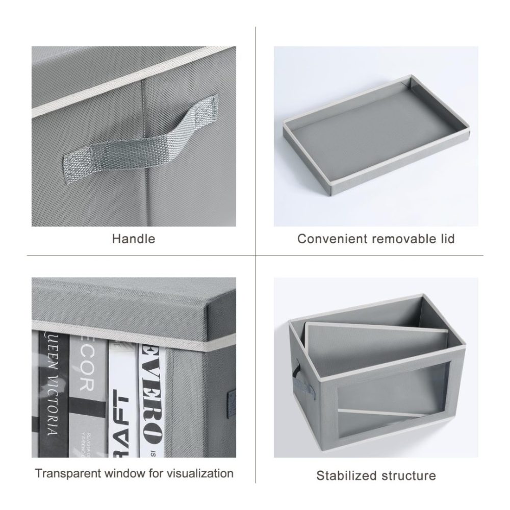 FDDAI Fabric Storage Bins with Lids & Handles - Foldable Closet Organizers with Window, Set of 4 (Grey)