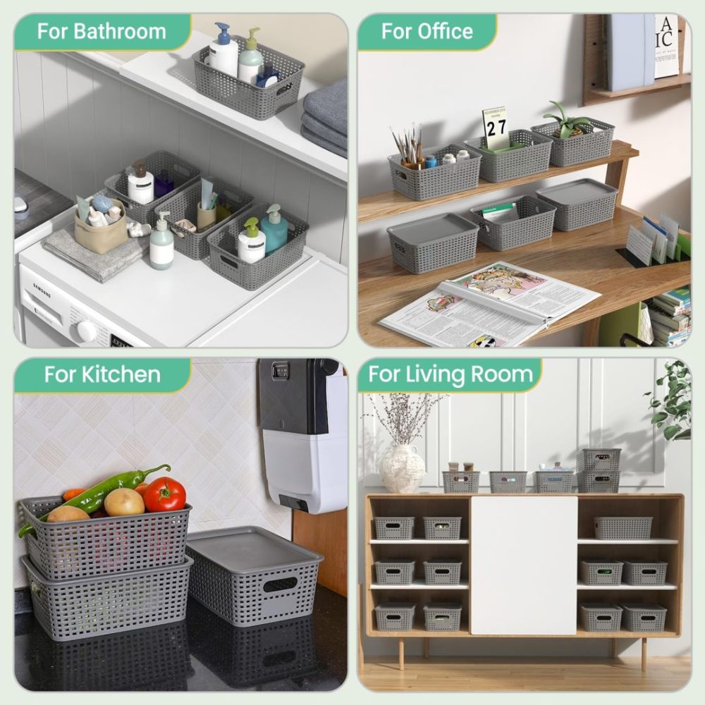 FDDAI Stackable Plastic Storage Baskets with Lids - Organizing Bins for Closet, Office, and Playroom (8-Pack, Gray, 10.2"x7.2"x4.1")