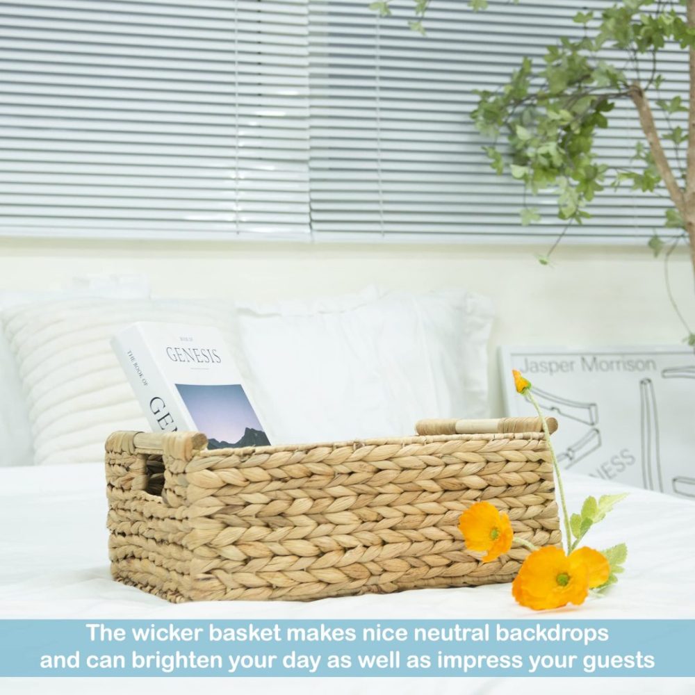 FDDAI Large Rectangular Wicker Basket - Shelf Organizer with Wooden Handles (15.5"x10.8"x6.2")