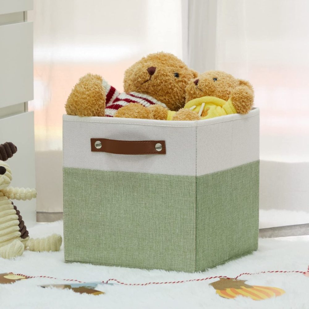 FDDAI 4-Pack 11"x11" Fabric Cube Storage Bins - Foldable Organizers for Shelves, Nursery, and Closet (Green & White)