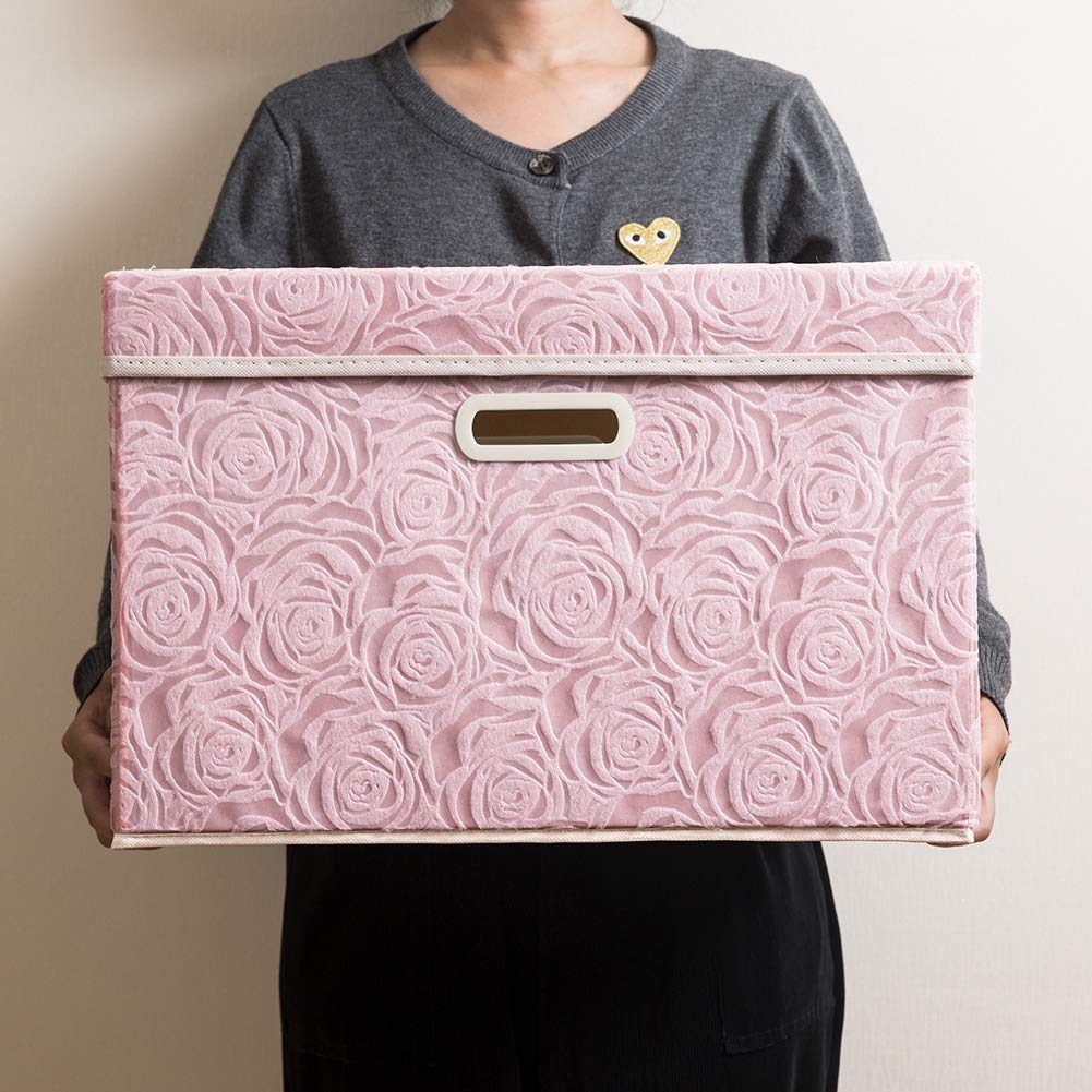 FDDAI Large Collapsible Fabric Storage Bin with Lid - 1-Pack Decorative Organizer with Handles & Divider (Pink, 17.7"x11.8"x11.8")