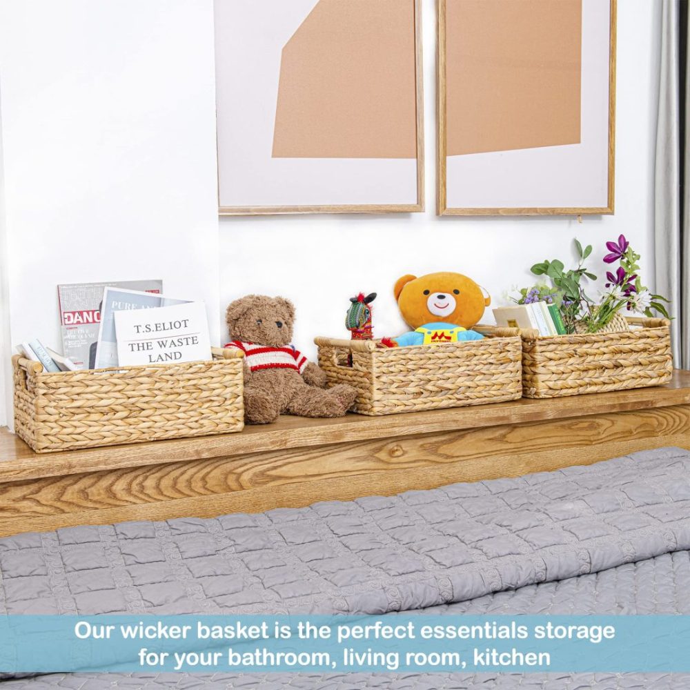 FDDAI Large Rectangular Wicker Basket - Shelf Organizer with Wooden Handles (15.5"x10.8"x6.2")