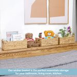 FDDAI Large Rectangular Wicker Basket - Shelf Organizer with Wooden Handles (15.5"x10.8"x6.2")