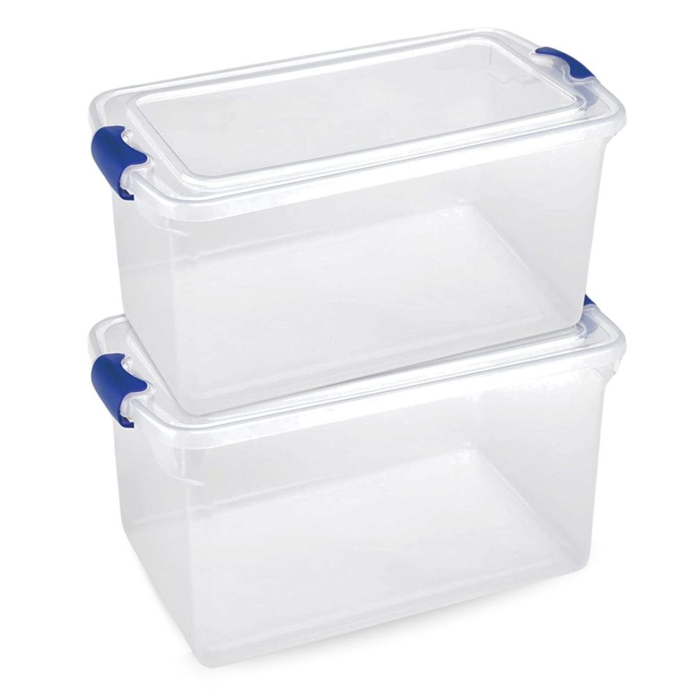 FDDAI 2-Pack Large 66-Quart Plastic Storage Bins - Clear Containers with Latching Lids (Blue Latch)